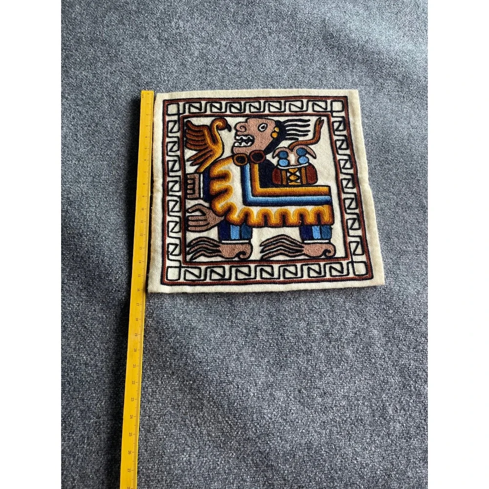 Peruvian Hand Embroidered Wool Pillow‎ Cover Incan Mythological Folk Art 15x15